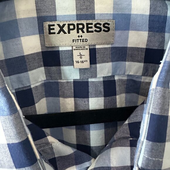 Express Blue & White Check Large 16-16.5 Fitted Men's Button Down Shirt - Picture 2 of 11